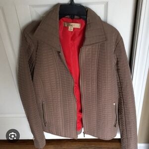 Elegant Tan Quilted Jacket with Red Lining